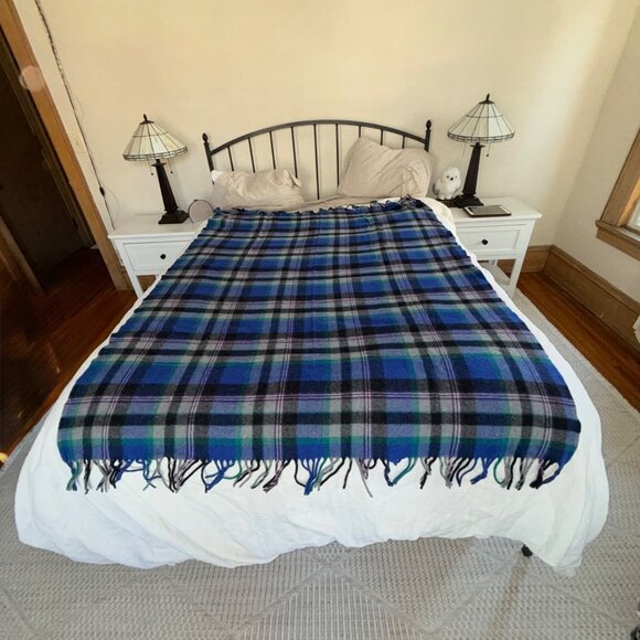 Vintage Plaid Pendleton Wool Blanket: Blue Purple & Teal Cabin Throw with Fring